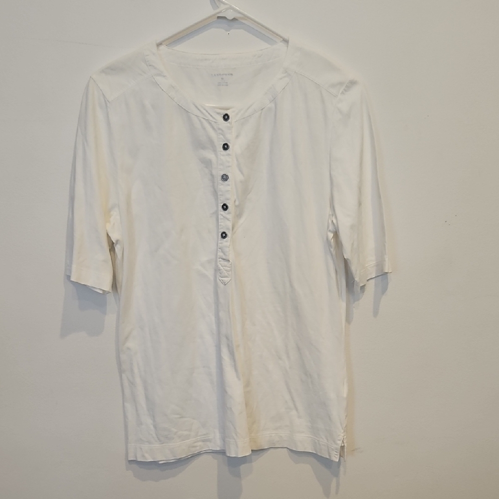 Lands' End Women's Cream Buttoned Short Sleeve Top